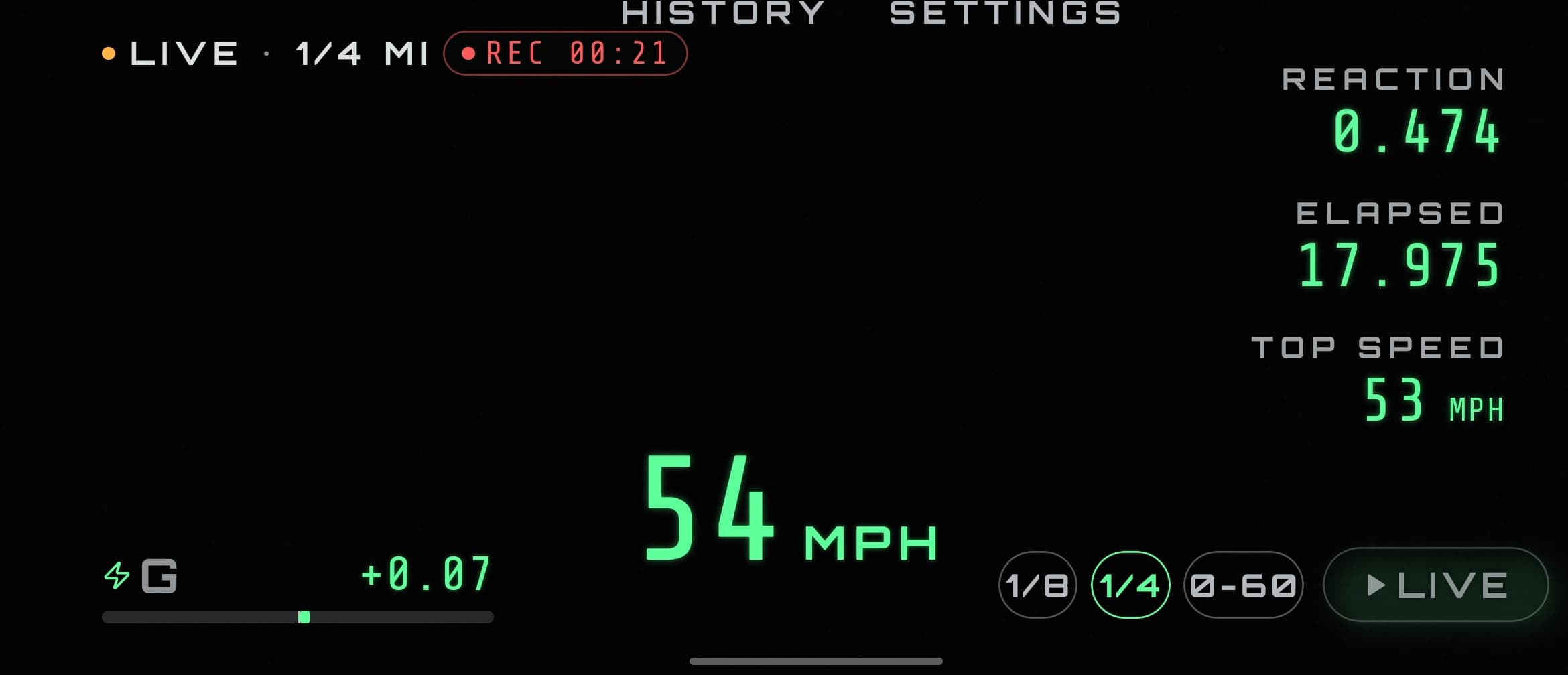 Drag Race DashCam – live recording view mid-run with speed and telemetry overlay