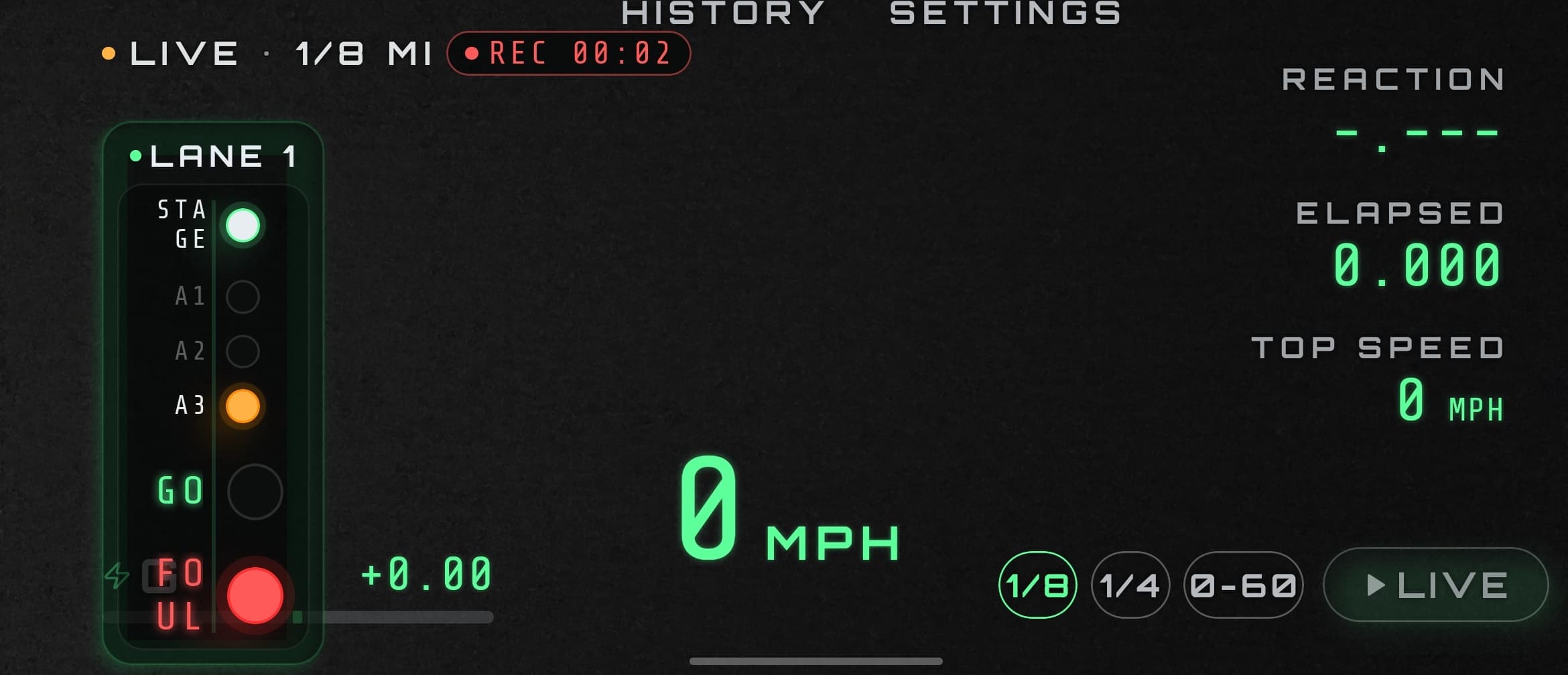 Drag Race DashCam – live recording view showing the staging tree lights