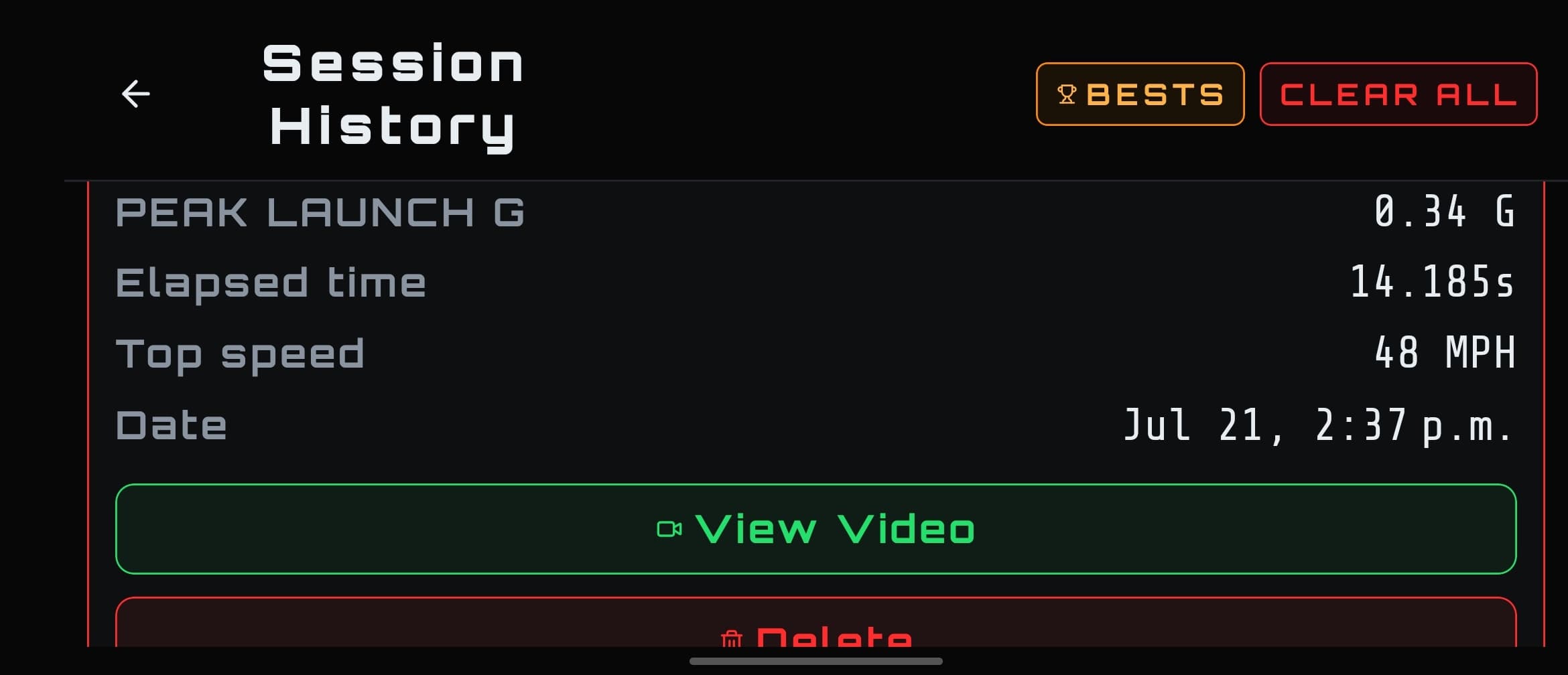 Drag Race DashCam – expanded run detail with stats and a View Video button